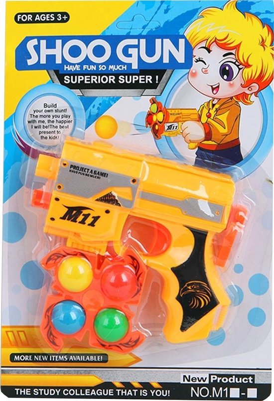 Jonotoys Pistool Met 4 Ballen 5 delig 14 Cm Geel Bol jonotoys-pistool-met-4-ballen-5-delig-14-cm-geel-bol