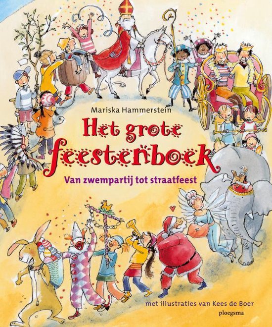 Boekomslag met de titel 'Het grote feestenboek'. Sint-Nicolaas te paard, clowns, dieren en kinderen vieren feest.
