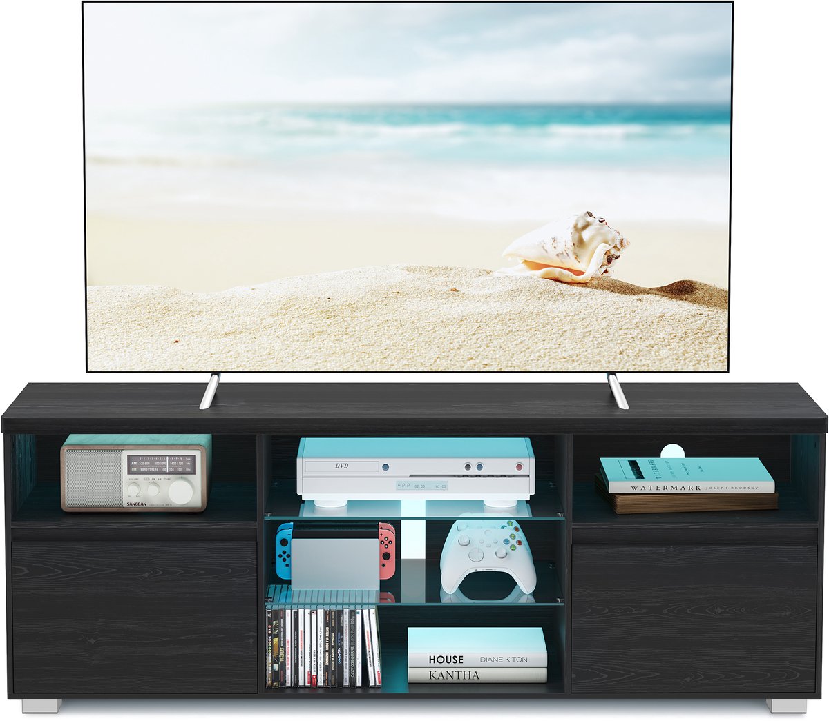 VASAGLE - TV Meubel - TV-meubel met LED-verlichting - Glazen Planken - 2 Kasten met Deuren