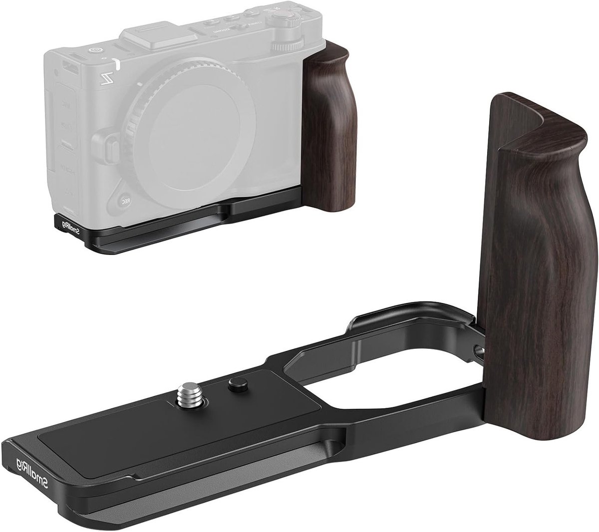 L-vormige montageplaat met houten handvat voor Nikon camera's, ideaal voor stabiliteit en grip