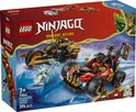 LEGO Ninjago doos met rode buggy, gouden motor en ninja's, 7+, 394 onderdelen.