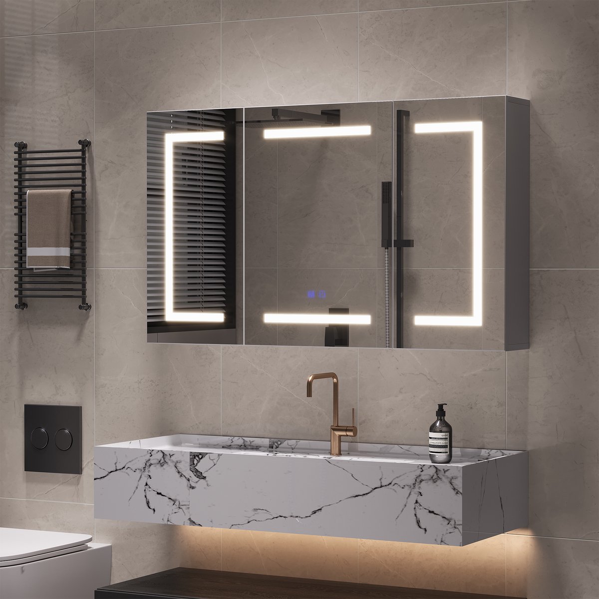 LED-badkamerspiegelkast met 3 kleuren LED-verlichting, anti-condensfunctie, badkamerkast met 3 deuren, wandmontage badkamerspiegelkast, 100x13,5x60cm, wit