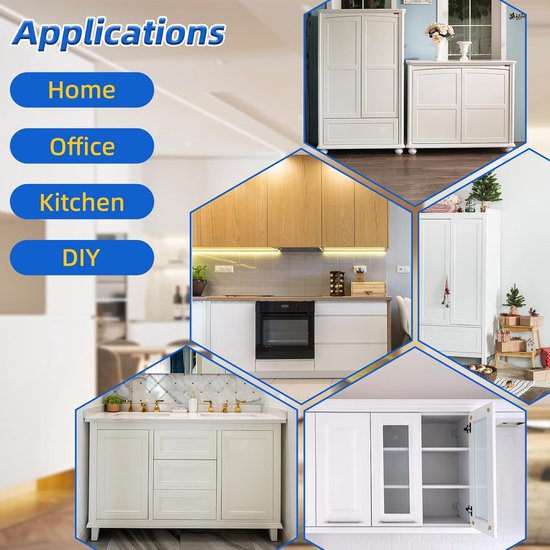 Toepassingen: Home, Office, Kitchen, DIY. Voorbeelden van witte kasten en lades, met één met houten accenten en een in een keuken.