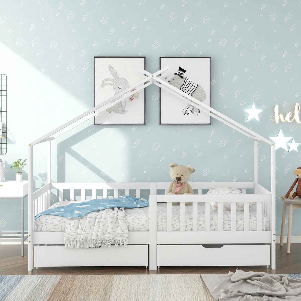VVBV Huisbed – Huisbed – Kinderbed – Massief Hout – Wit – Lattenbodem – Voor Kinderen en Tieners – 2 Lades – Opbergruimte – Kinderbed met Lade Wit | Met 2 lades