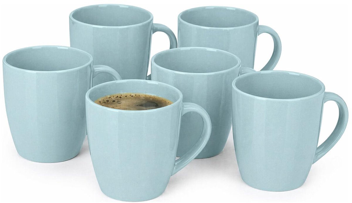 Mok - Koffiemok - Keramische Theemokken - Drinkbekers met Glossy Finish - Luxe Mok - Setvan 6 - 330 ml - 8.5 x 11.5 x 10.5 cm - Lichtblauw