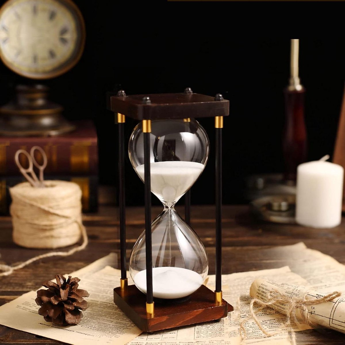Zandloper Bureau Ornament - Zandloper Timer - Tijd Management - Houten Frame - 8.5 x 19 cm - Blauw