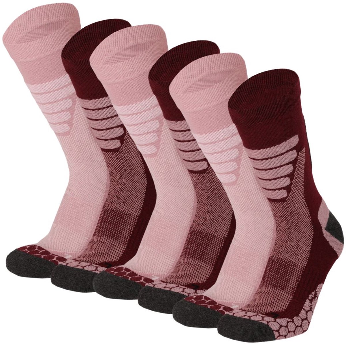 Xtreme Sockswear Wandelsokken 6 Paar – Wandel Sokken Unisex – Katoen met Coolmax – Multi Burgundy Rood