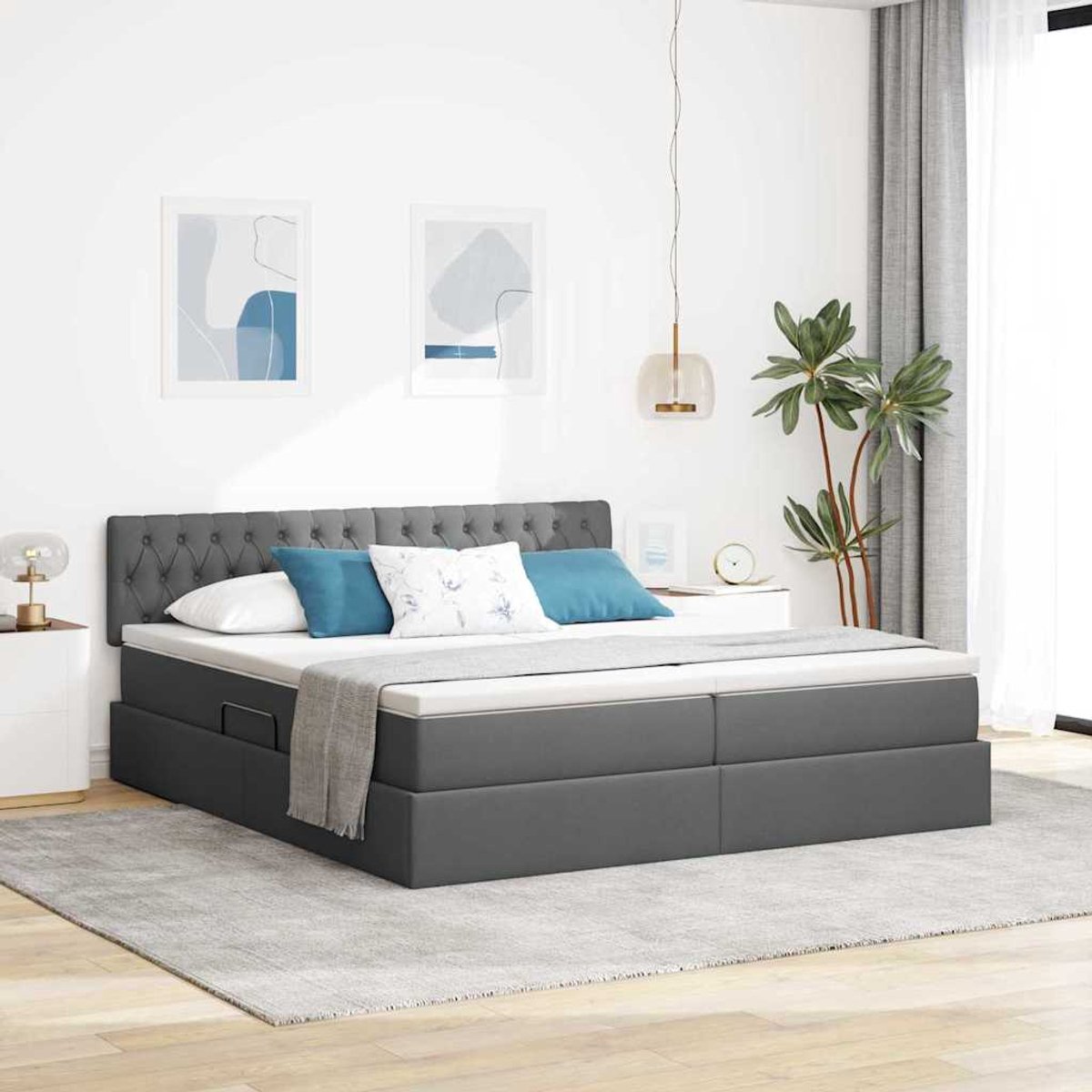 vidaXL LED - opbergbed - met - matras - Donkergrijs - 180 - x - 200 - cm - Stof