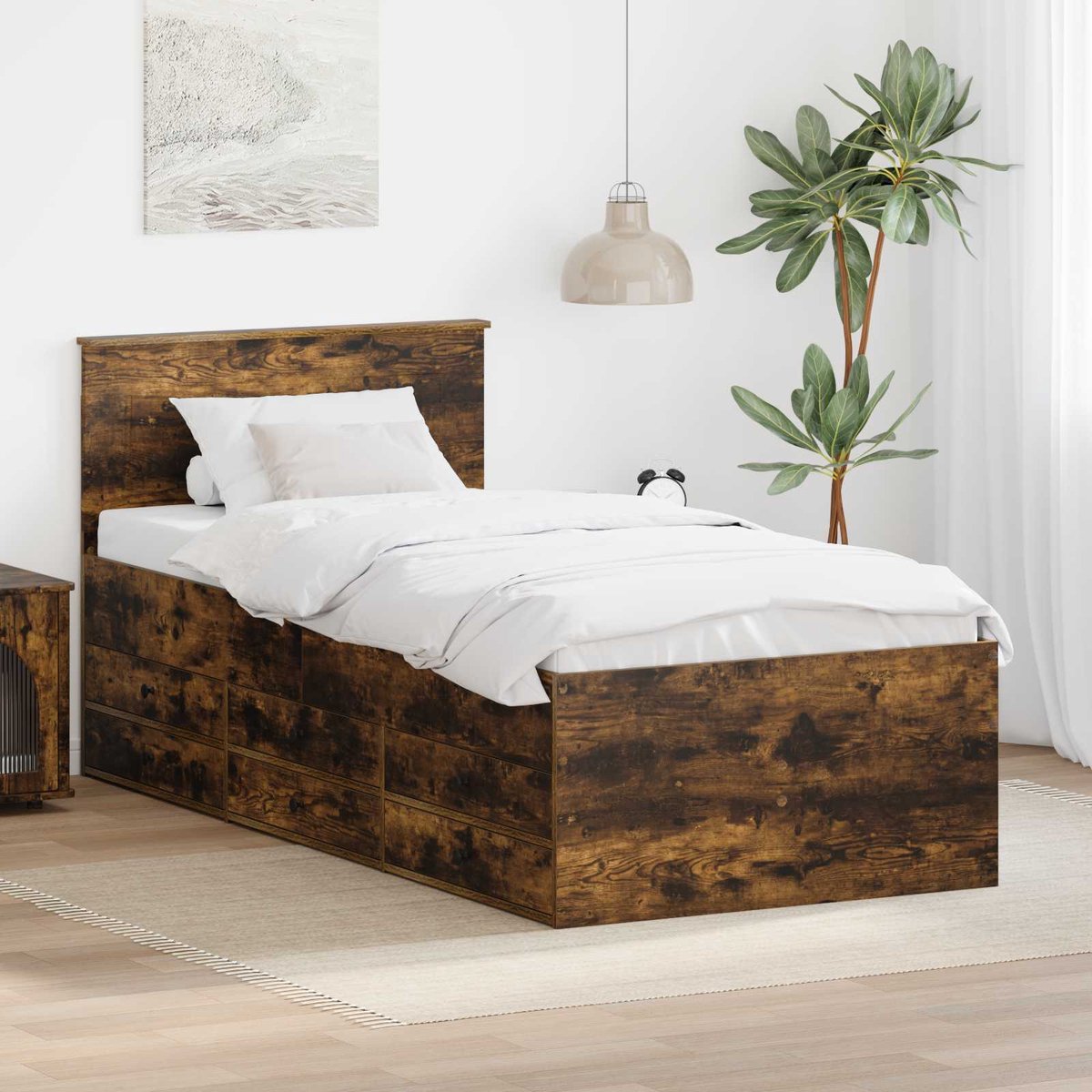 vidaXL Dagbed - met - lade - Gerookt - Eiken - en - Zwart - 90 - x - 200 - cm - Bewerkt - hout Gerookt eiken en zwart