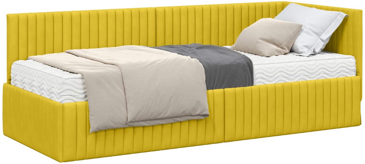 vidaXL Hoekbedframe - met - Matras - 2 - st - Geel - 80 - x - 200 - cm - Fluweel