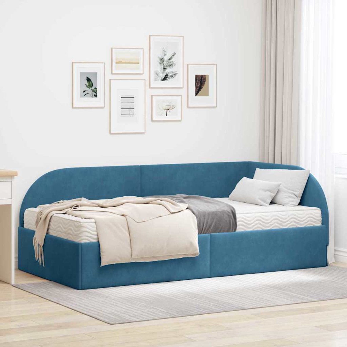 vidaXL Hoekbedframe - met - Matras - 2 - st - Blauw - 100 - x - 200 - cm - Fluweel