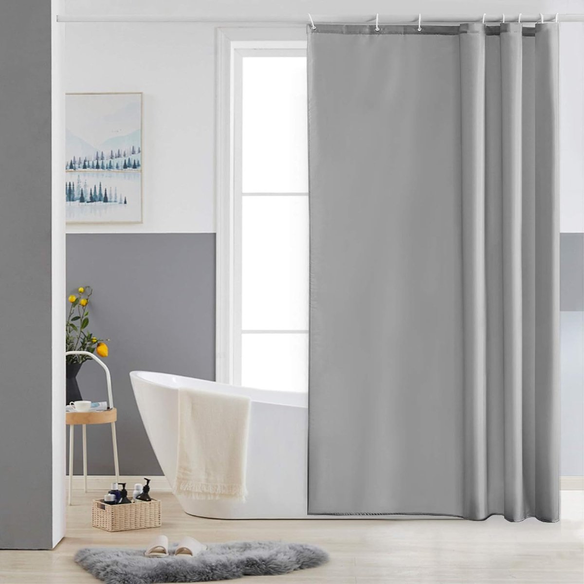 FloraGrace Douchegordijnen - Wasbaar Douchegordijn Met Ringen, Waterdicht En Anti-Schimmel Badkamergordijn, Strak Effen Design, Polyester, Lichtgrijs, 200x240 cm