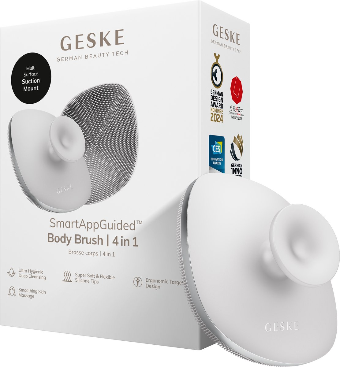 GESKE Body Brush | 4 in 1 | Ontwerp met metalen ring | Reinigingsborstel voor het hele lichaam | Dieptereiniging | Zachte siliconen borstelharen | Ergonomisch ontwerp met twee vingers