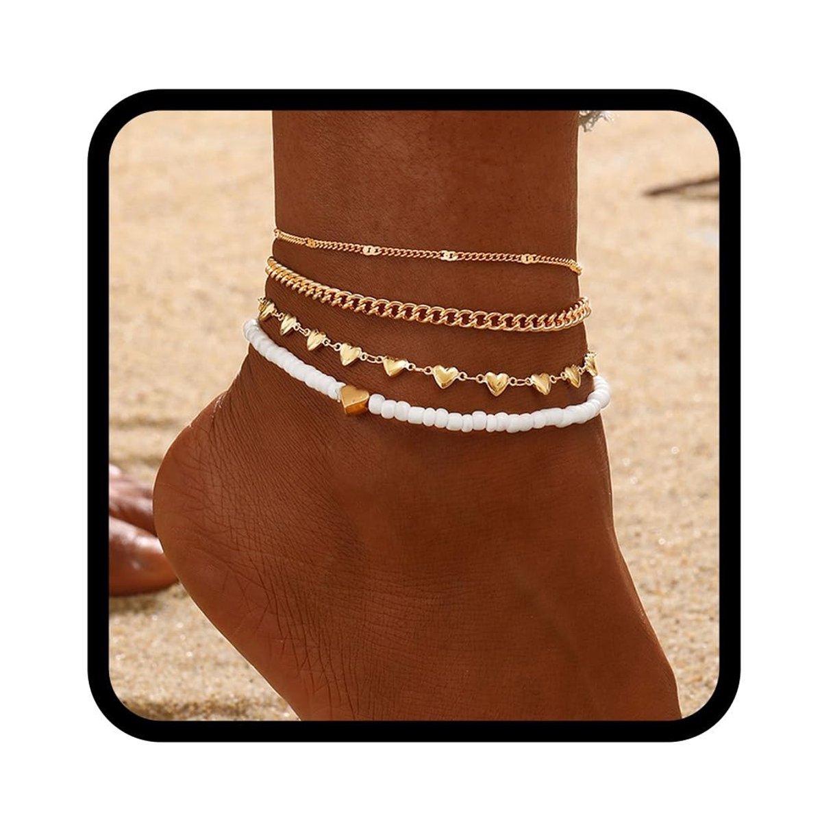 aladdien - Boho Gelaagde Enkelbanden - Gouden Hart Enkelarmband - Vrije Maat - Kralen Enkelbandje - Voet Sieraden voor Vrouwen en Meisjes