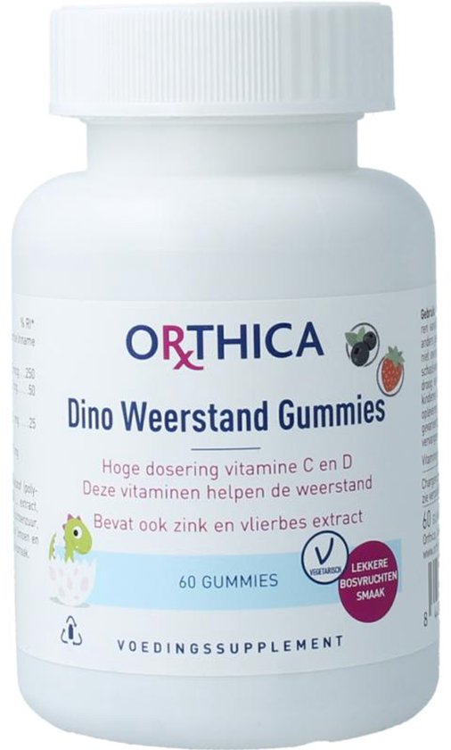 Witte pot met Dino Weerstand Gummies, illustratie van dinosaurus, bessen en tekst.