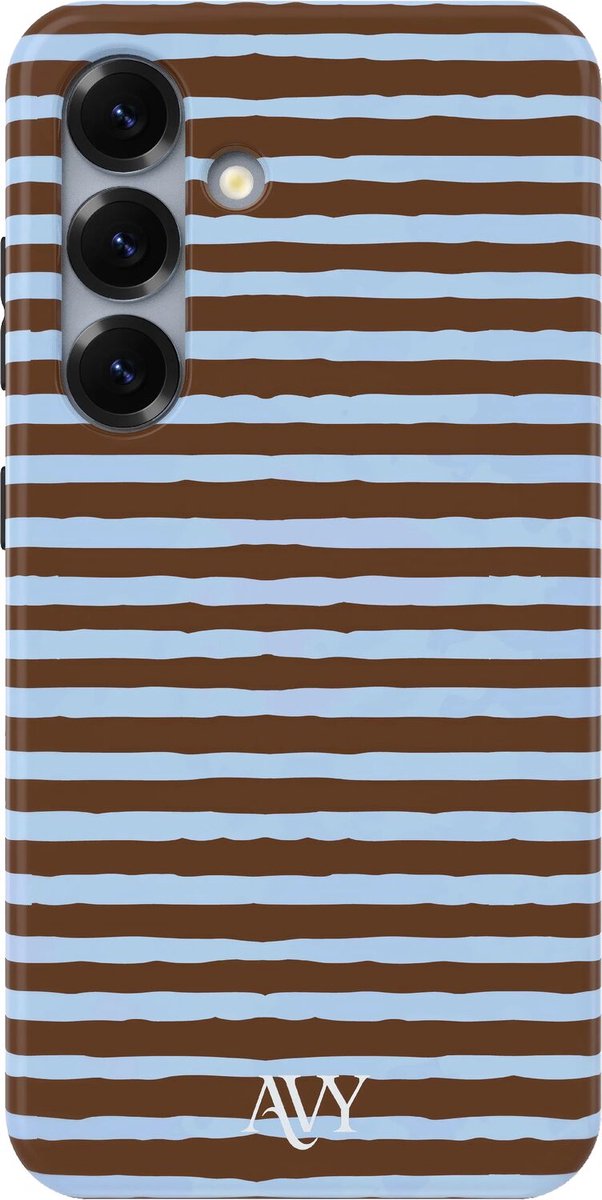 AVY Hoesje geschikt voor Samsung Galaxy S25 | Ocean Latte | Strepen | Bruin & Blauw | Hard Shell Back Cover | Compatibel met MagSafe & Qi2