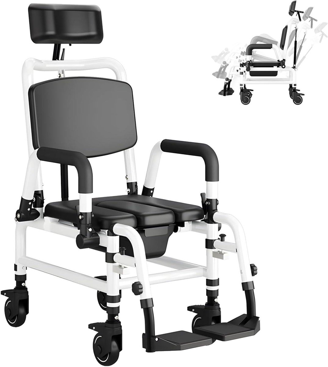Doucherolstoel Ligfunctie - Verrijdbare Toiletstoel - Veilige Persoonlijke Verzorging - Aluminium Frame - 46 x 40 x 113-118 cm - Zwart