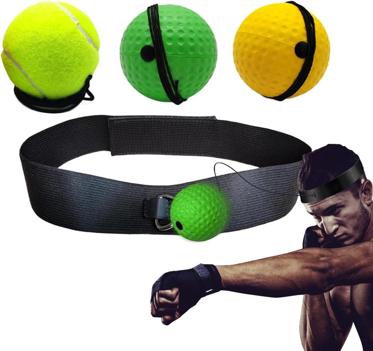 Boksreflexbal Hoofdband - Reactiebal Boksen - Verbeteren Coördinatie - Verstelbare Hoofdband - 3 Ballen Set - Blauw