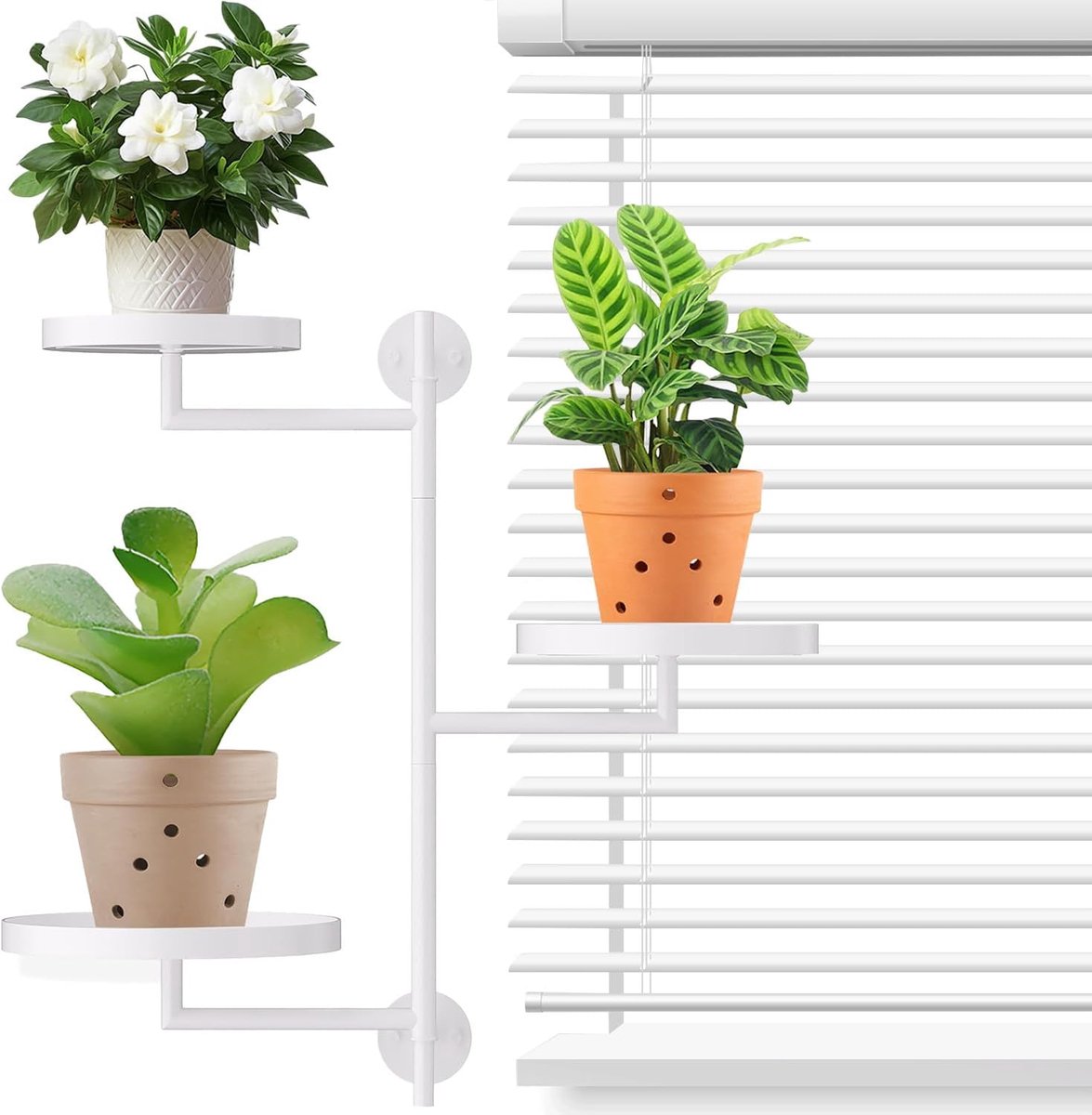 Famanu – Draaibare plantenrekken met 3 niveaus, metalen bloemenstandaard voor kamerhoek, woonkamer, balkon en terras, wit