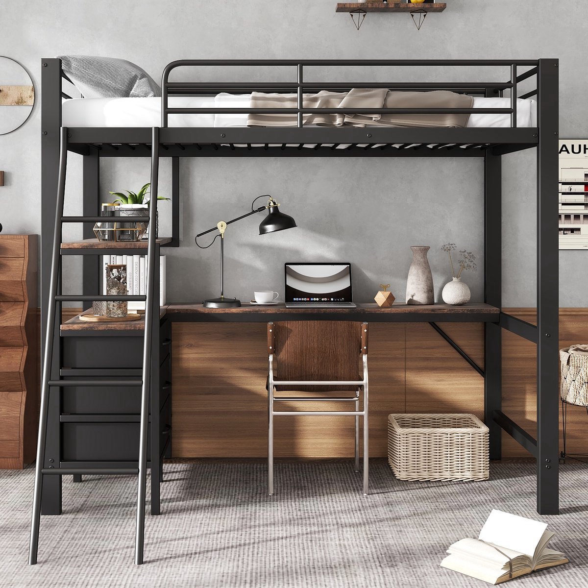 VVBV Stapelbed 90x200 cm - Lades, Trap/Ladder, Voor Kinderen/Tieners, 3 Lades, Bureau - Metaal/Spaanplaat Zwart/Walnoot