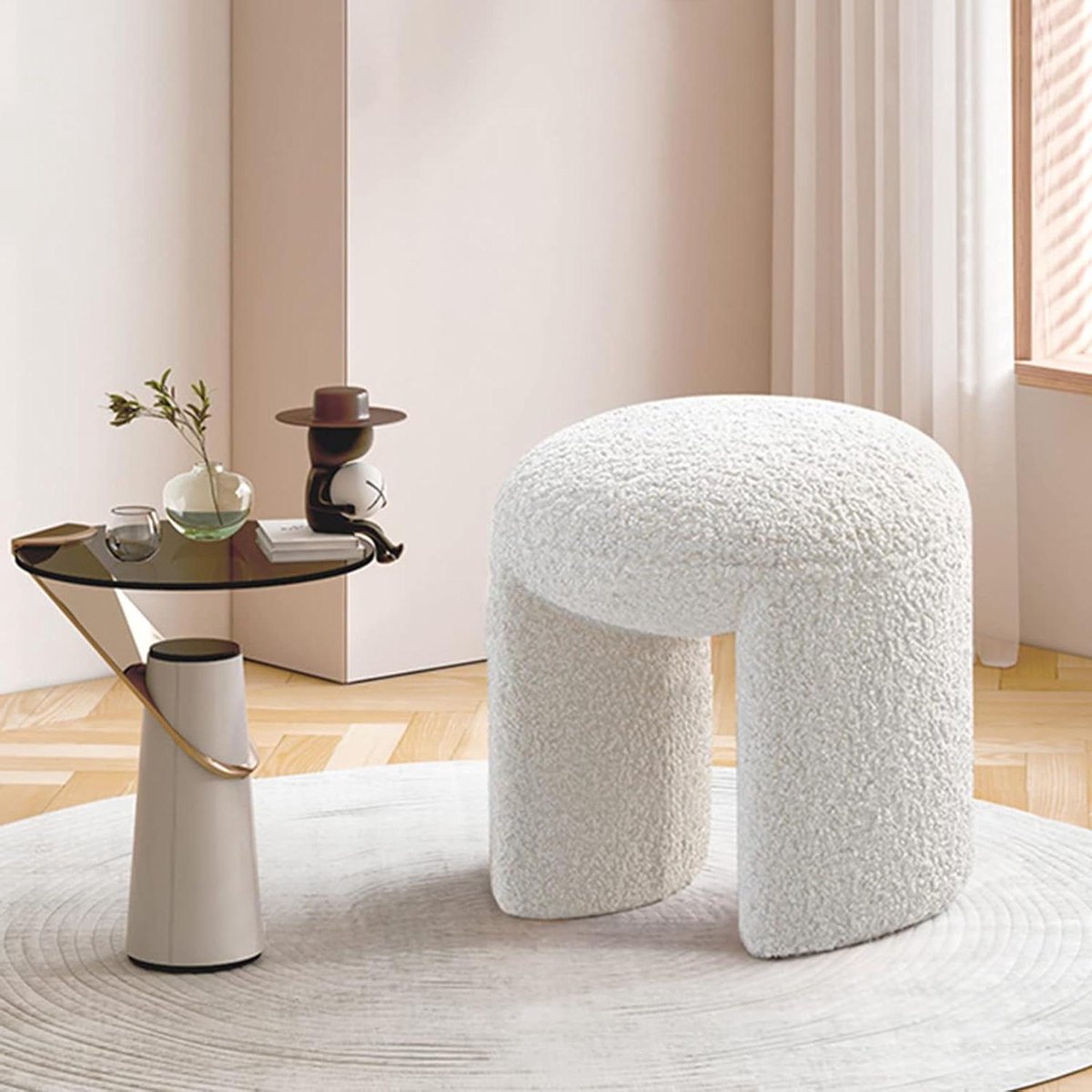 Voetenbank Poef - Zitkruk Hocker - Extra Zitplaats - Massief Houten Poten - 45x45x46.5cm - Beige