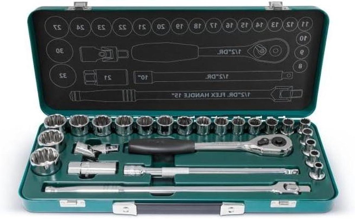Dopsleutelset 25-delig - Ratelset Doppenset - Klusserij Werk - Twaalfkant Metrisch - 1/2 Inch - Chroom
