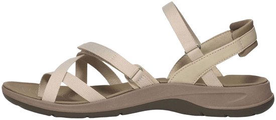 Linkerzijaanzicht van een beige Teva sandaal met taupe zool.