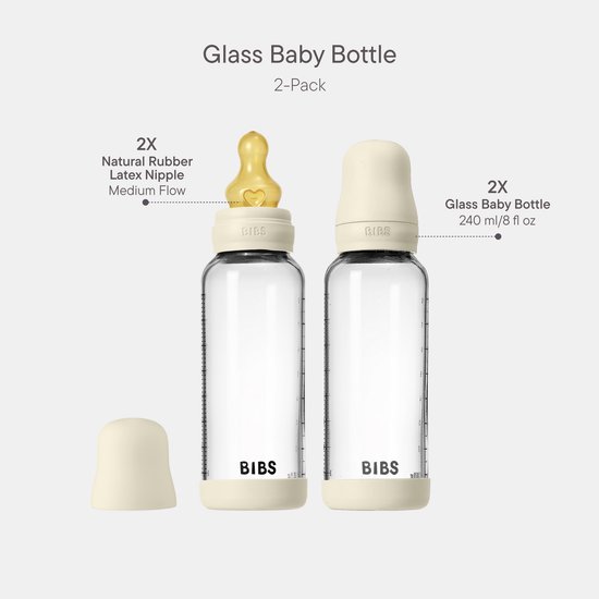 BIBS Glazen Babyfles - 240ml - 2-pack - Natuurrubber speen - Ivory van BIBS — afbeelding 3