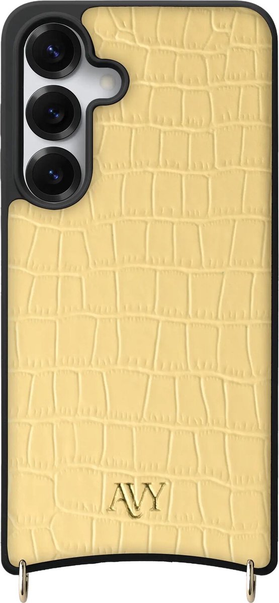 AVY Leren Hoesje geschikt voor Samsung Galaxy S25 / S24 | Compatibel met MagSafe | Leather Case | Back Cover | Haakjes voor koord | Croco Geel