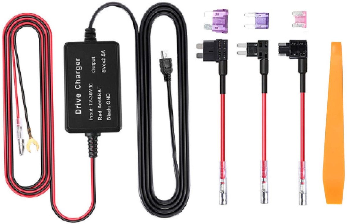 ONF3 - Dash Cam Hardwire Kit - Mini USB Voeding Adapter - Compact formaat - Auto Camera - Betrouwbare voeding - Geschikt voor voertuigen - Zwart