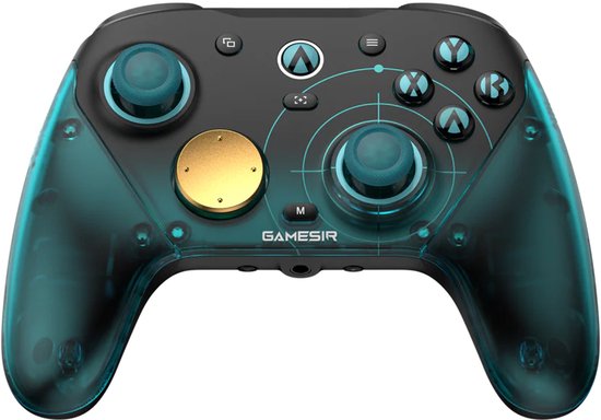 Zwarte en doorschijnende blauwe Gamesir controller met gouden middenknop en gaming-graphics.