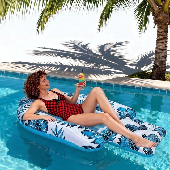 Zwembad Stoel - Opblaasmatras - Ontspannen op water - Met 2 bekerhouders - 123x77x27 cm - Bladpatroon — afbeelding 3