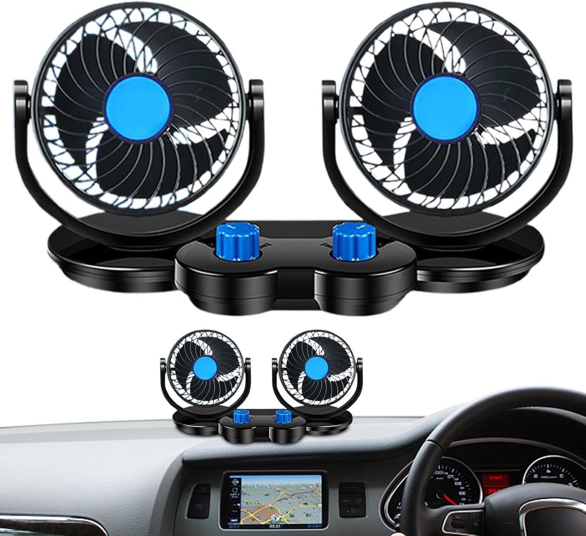 Auto Ventilator - Dubbele Kop - Verkoeling Onderweg - Meerichtingskoeling - 17cm Hoogte - Zwart