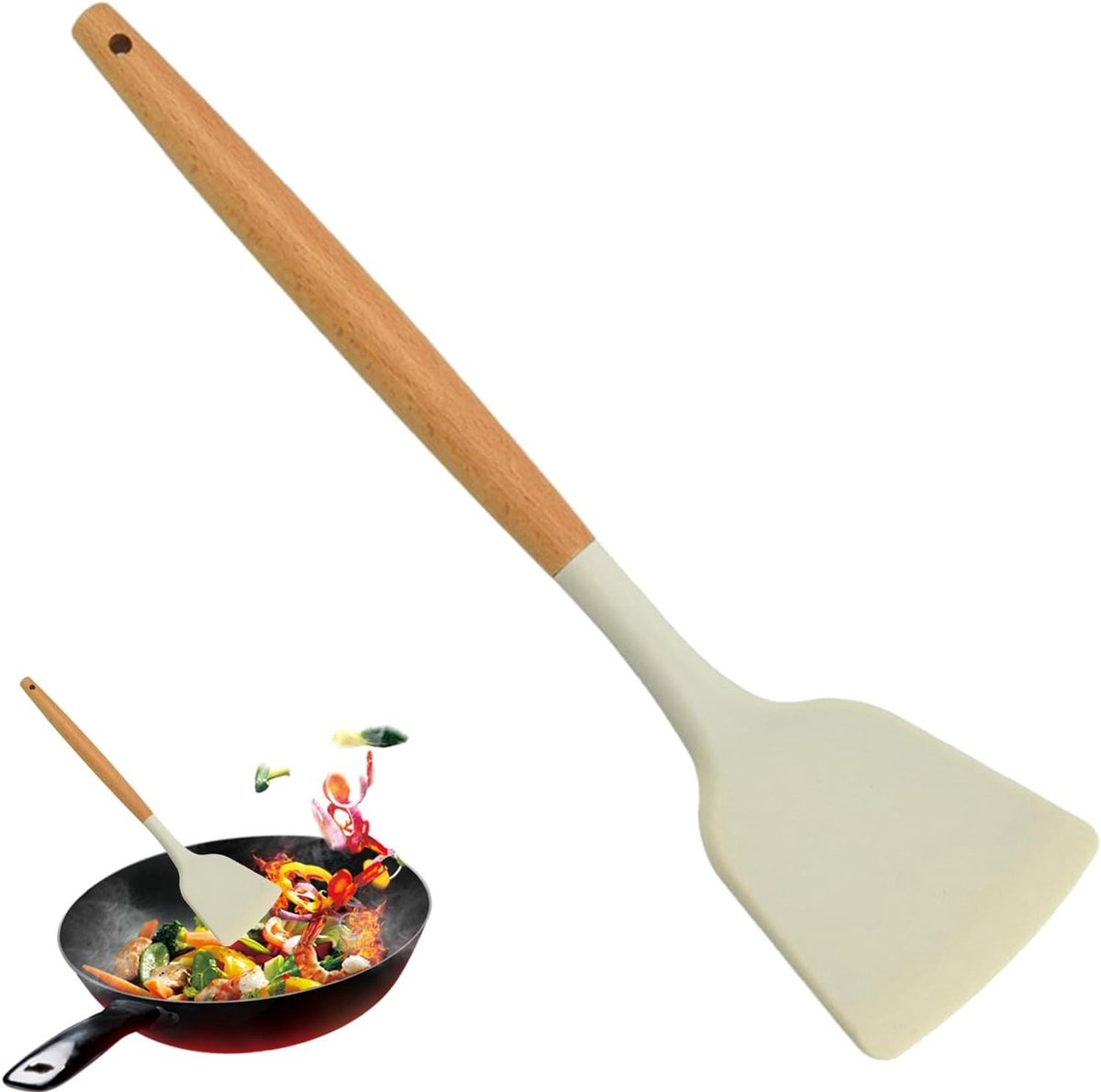 Siliconen Spatel - Hittebestendig Keukengerei - Koken en Bakken - Houten Handvat - 32 cm - Wit