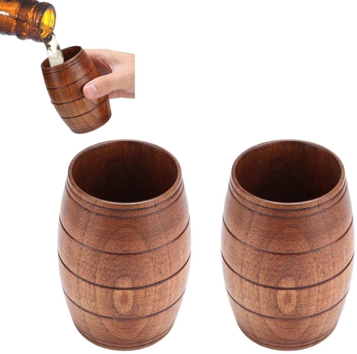 Dailygoods - Set van 2 Houten Bier- en Koffiemokken met Handvat