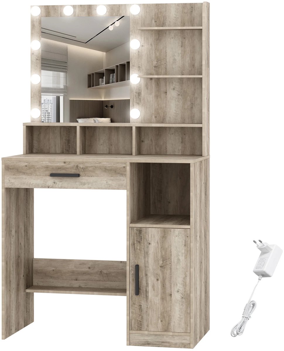 Happiq Dressing Table – Voor Slaapkamer en Make-up – Kaptafel met Spiegel, 10 LED-Lampen, 3 Planken, 4 Open Vakken en Grote Lade – Grijs