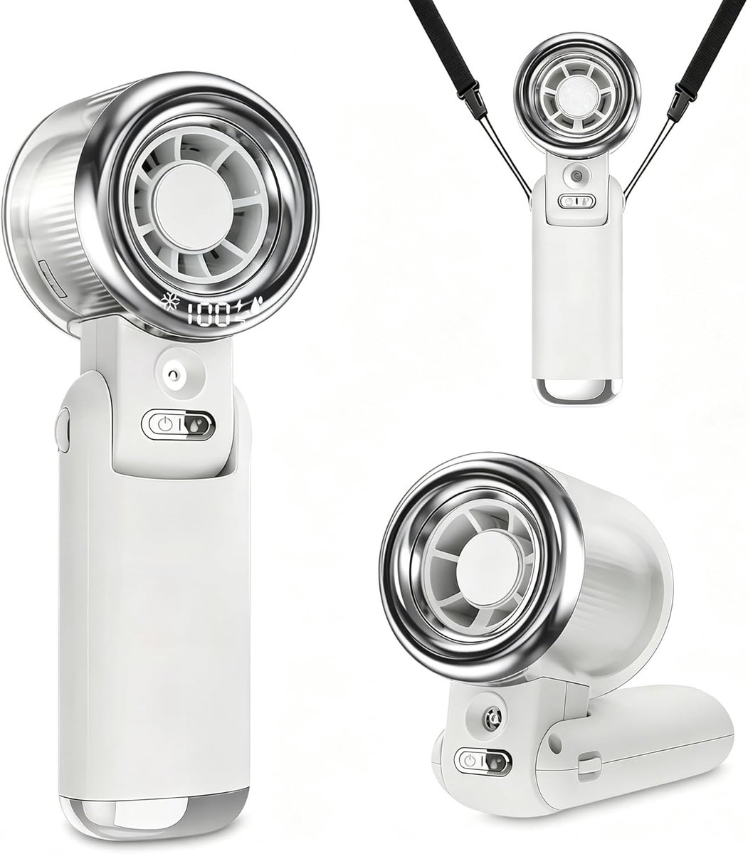 Draagbare Handmistingsventilator – Turbo Handventilator met Koelnevel – 5 Versnellingen Oplaadbaar – voor Reizen, Binnen, Buiten, Strand – Ivoorwit – 1 Stuk