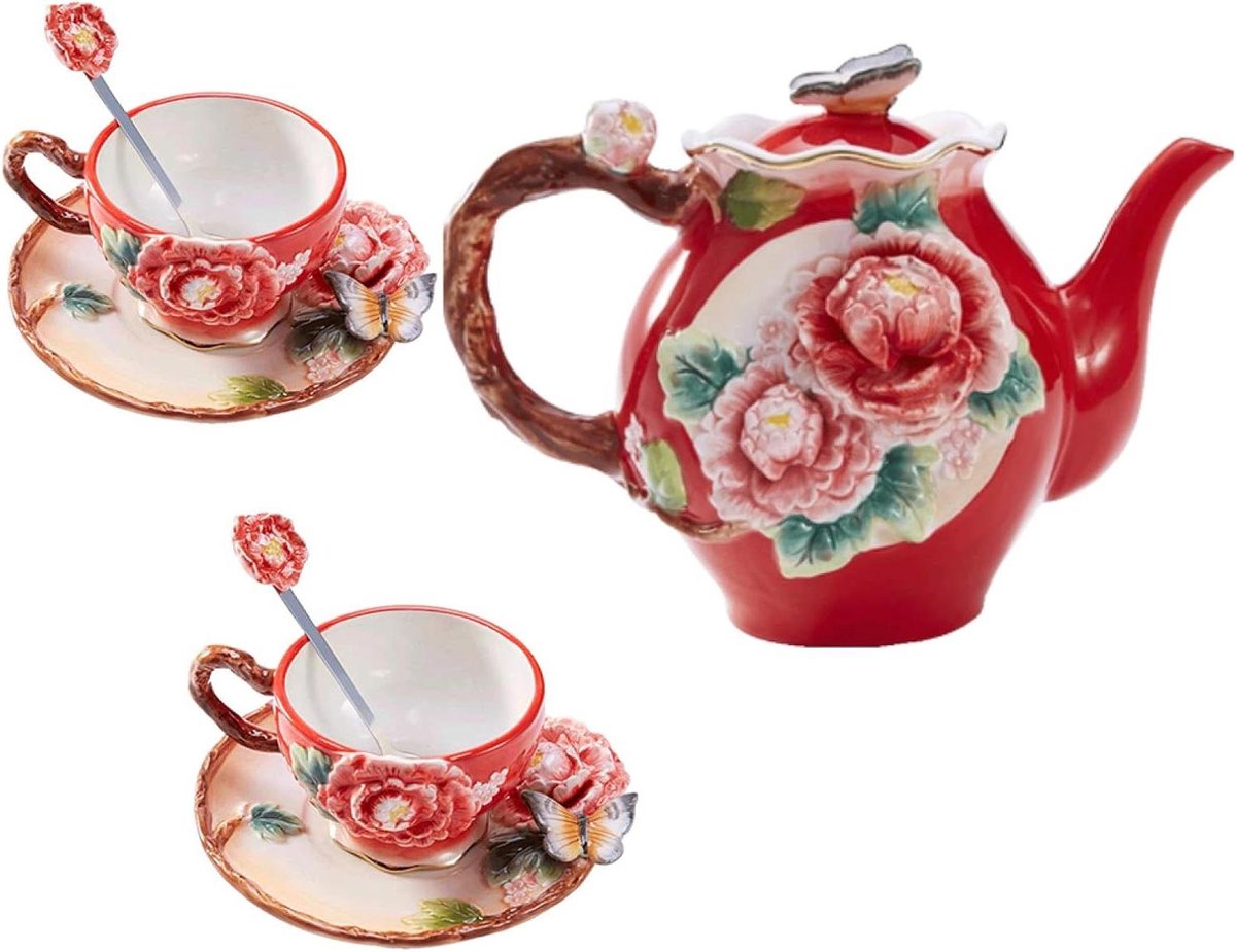 Theeservies met Theepot - Kop en Schotel Set - Afternoon Tea Genieten - Handgemaakt Landelijk Design - Voor 2 Personen
