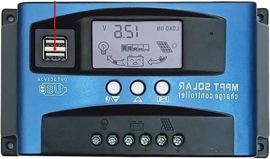 Zonnelaadregelaar - Solar Controller - Energie Beheer - Automatische MPPT Tracking - 100A - Zwart Blauw