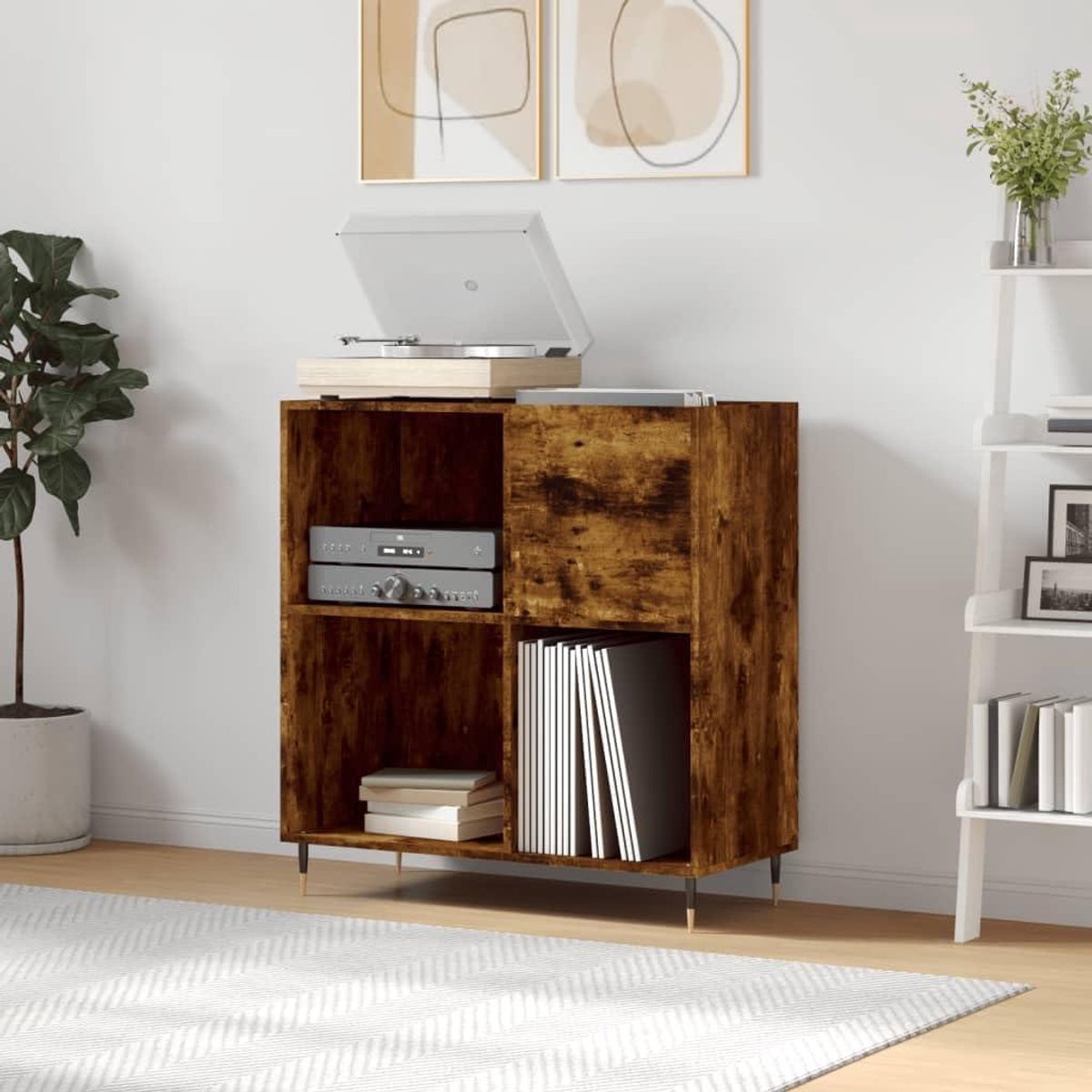Platenkast - Vinylkast Opbergkast - Muziek Collectie - Gevlamd Eiken Look - 845x38x89 cm -