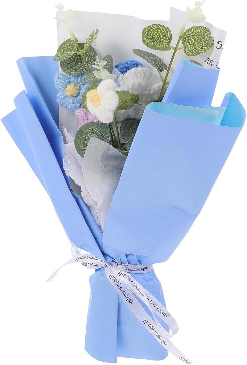 Kroesbloemen Boeket - Gebreide Rozen - Woondecoratie - Handgemaakt Ontwerp - 32 cm Hoog - Blauw