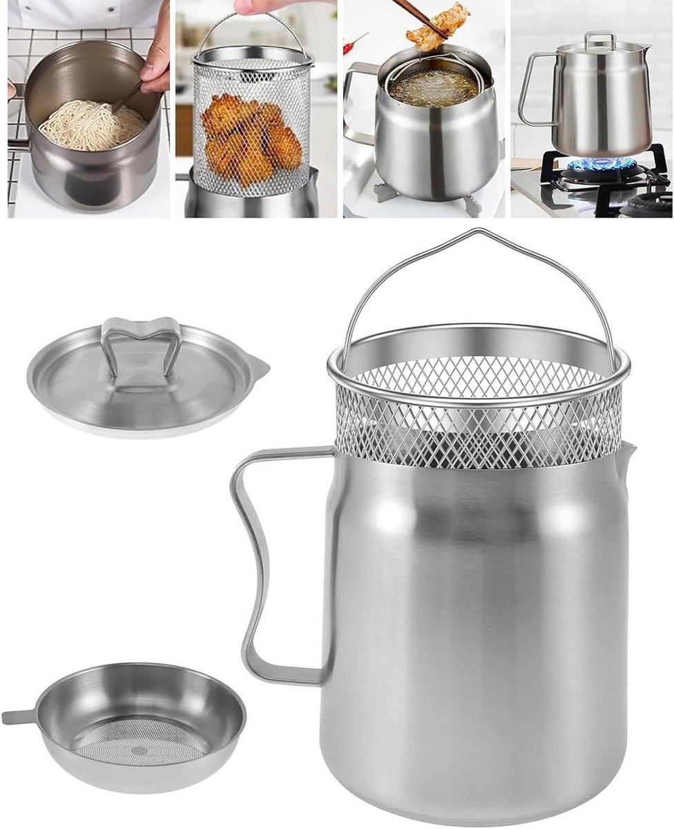 Roestvrijstalen Friteuse - Frituurpan met Zeef - Lekker Frituren - 2-in-1 Olie Filter - 2 Liter Capaciteit - Zilver