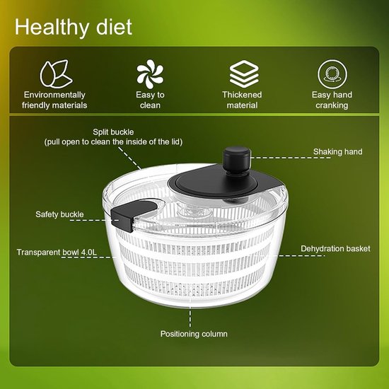 Slacentrifuge Met Deksel - Groente Droger - Salade Bereiden - Eenvoudig Draaimechanisme - 4 Liter Capaciteit - Zwart — afbeelding 3