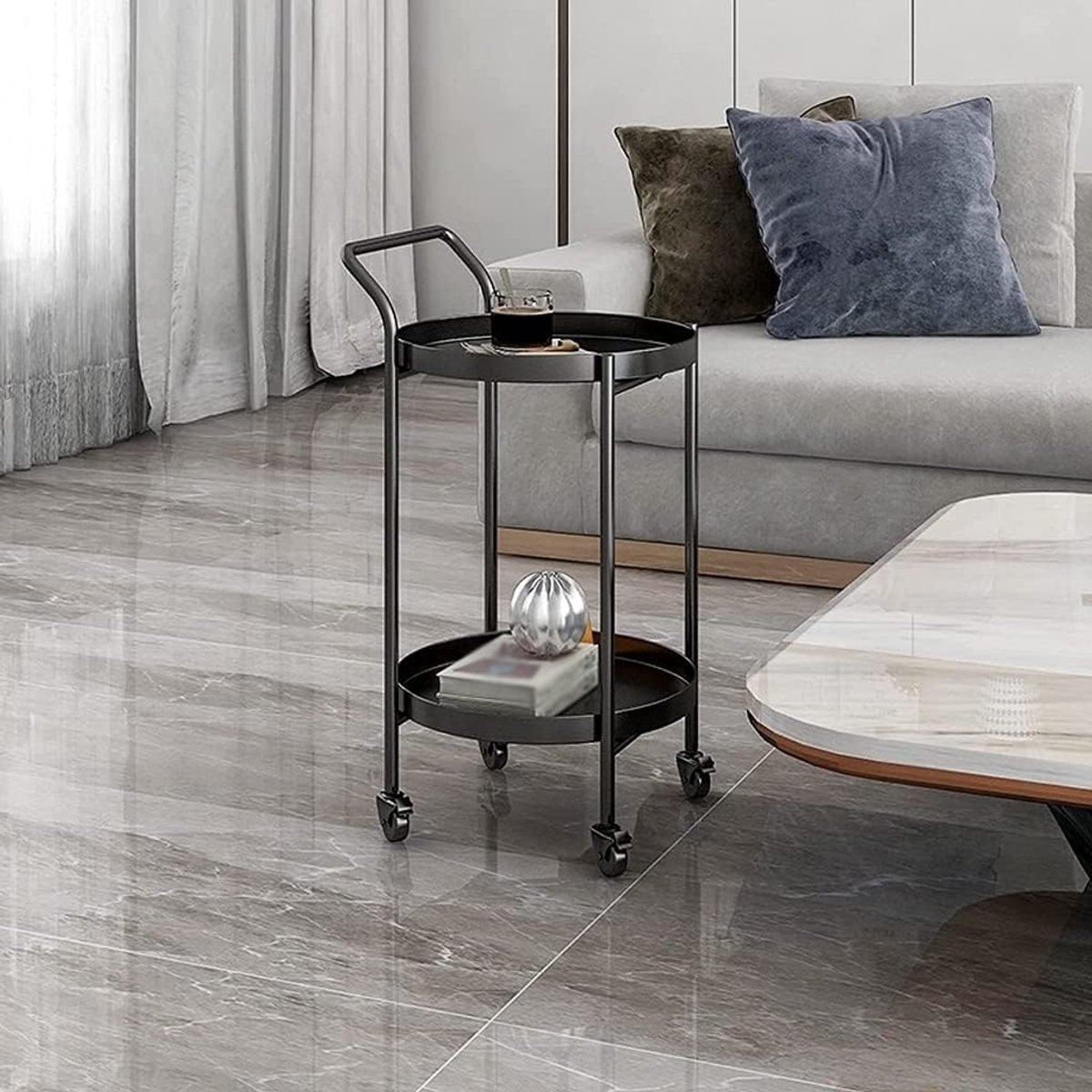 Serveertrolley 2-laags op wielen – metalen bar cart met 360° zwenkwielen & remmen, roterend hoekdesign, keuken & woonkamer bijzettafel / drank trolley – zwart – Mobili Bella