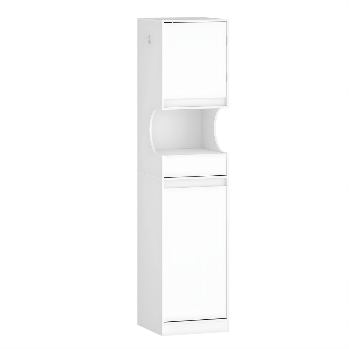 Badkamerkast – Voor Badkamer – Hoge Kast met Wasmand, Vouwbare Waszak, Deur en Lade – Wit