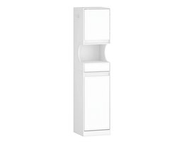 Badkamerkast – Voor Badkamer – Hoge Kast met Wasmand, Vouwbare Waszak, Deur en Lade – Wit