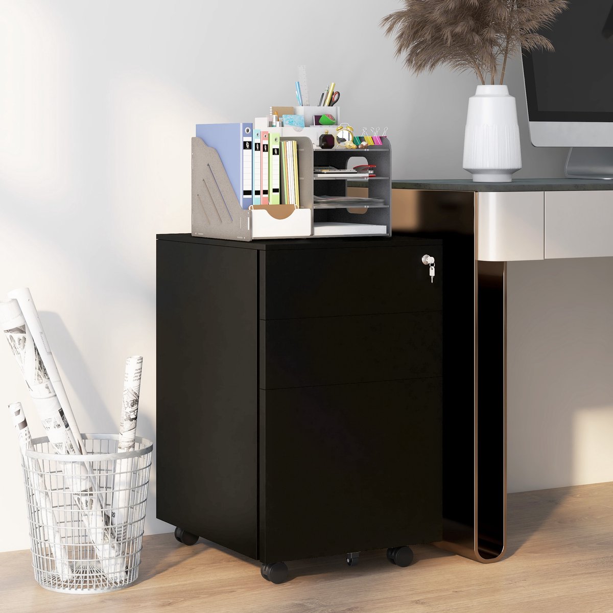 Wishdor Verrijdbare Archiefkast - Afsluitbaar Met 3 Laden En Verstelbare Hangmappenrail - Voor Kantoor - Staal - Zwart - 37 X 43,5 X 60 Cm