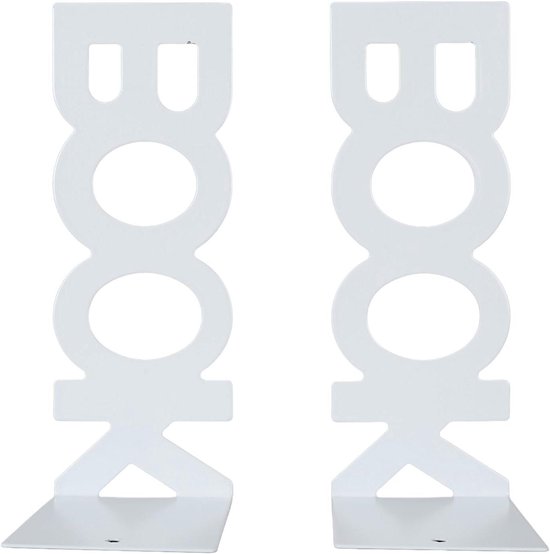 Rechtopstaande witte metalen boekensteunen met "BOOK"-uitsparingen, tegen een witte achtergrond.