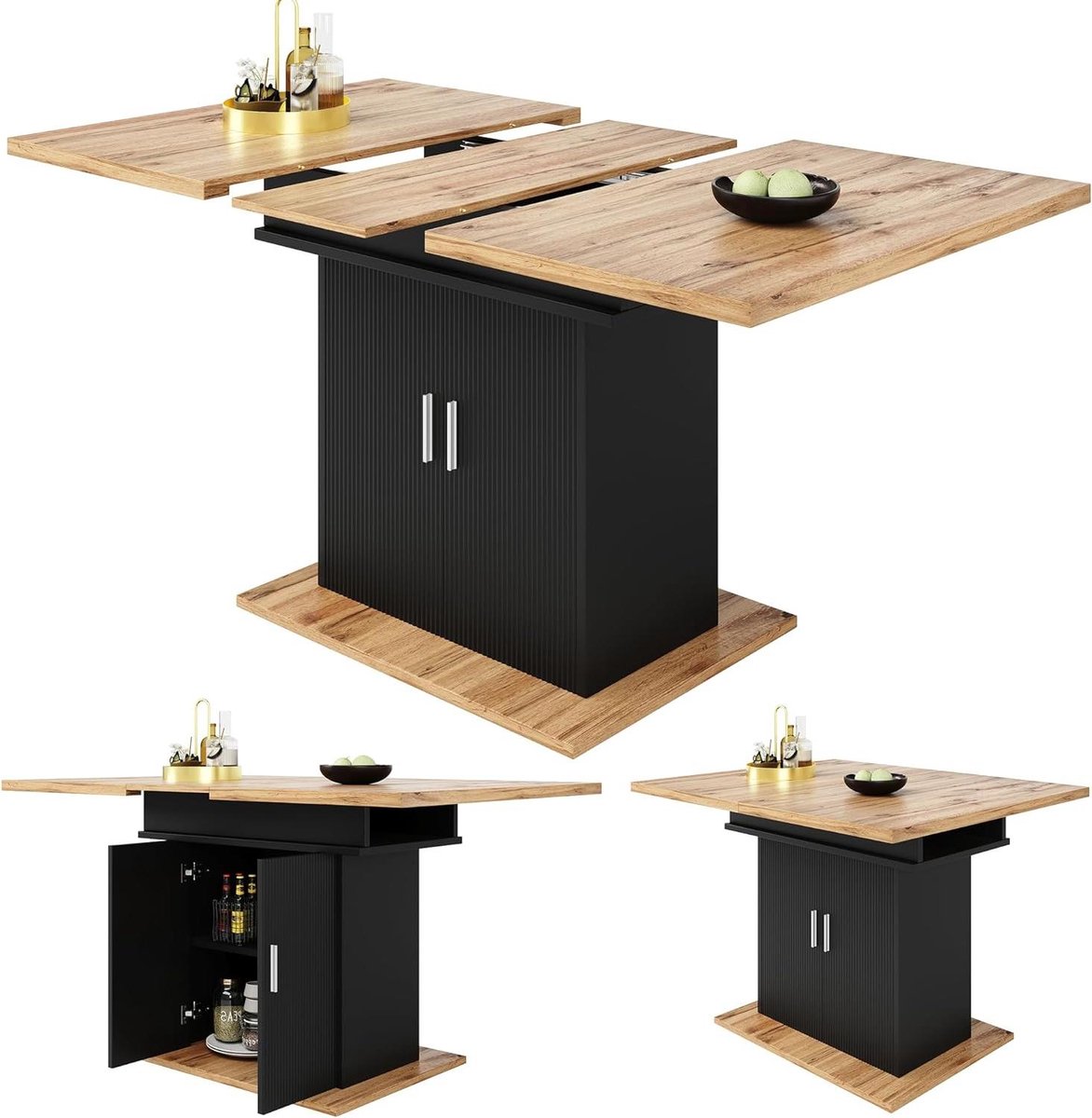 Uittrekbare Eettafel - Telescopische Tafel - Ruimtebesparend Wonen - Met Opbergruimte - 110-140 cm - Natuur Zwart