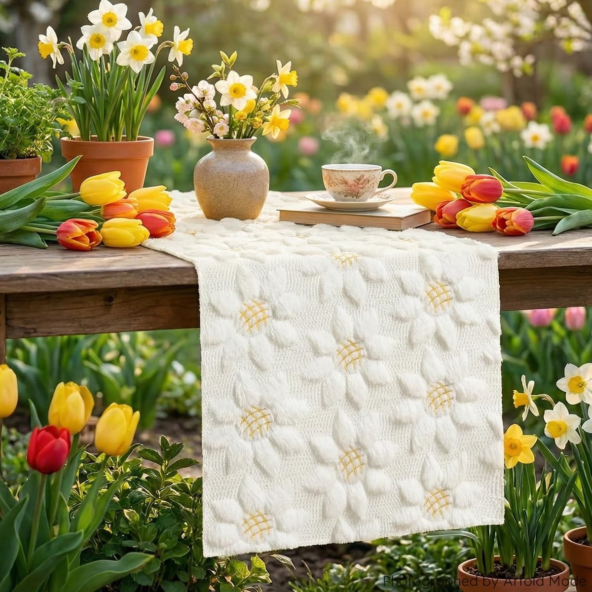 Dailygoods - Zachte Pluche Tafelloper met Zonnebloemen 33 x 230 cm